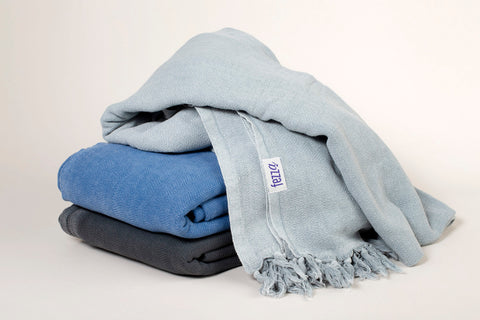 Light Cotton Turkish Towel Scarf - Blue on Ecru