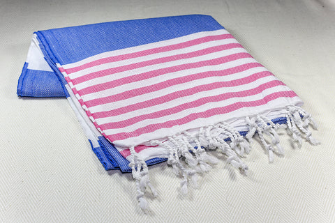 Turkish Towel "Peshtemal" Beige,red,blue with Multicolour Stripes