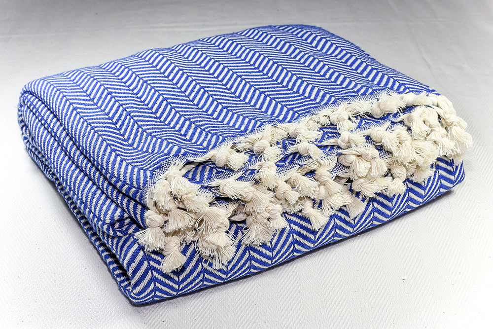 Herringbone Light Cotton Throw Blanket 180 x 230 - Blue