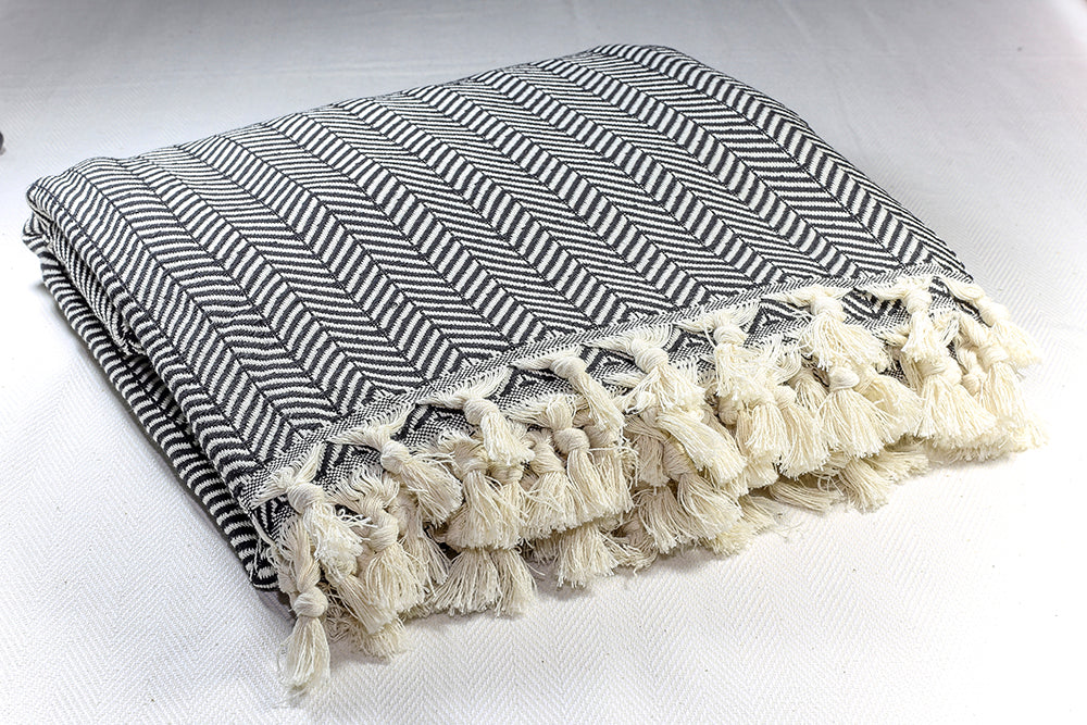 Herringbone Light Cotton Throw Blanket 180 x 230 - Black