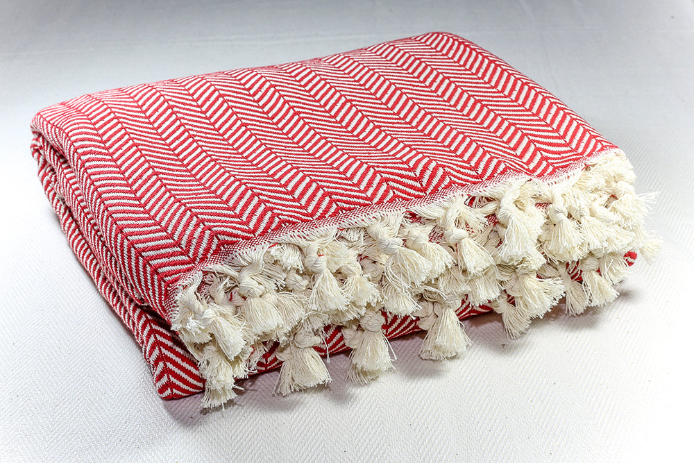 Herringbone Light Cotton Throw Blanket 180 x 230 - Red